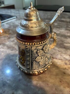 Ornate Ceramic Beer Stein with Pewter Lid - Cream and Brown